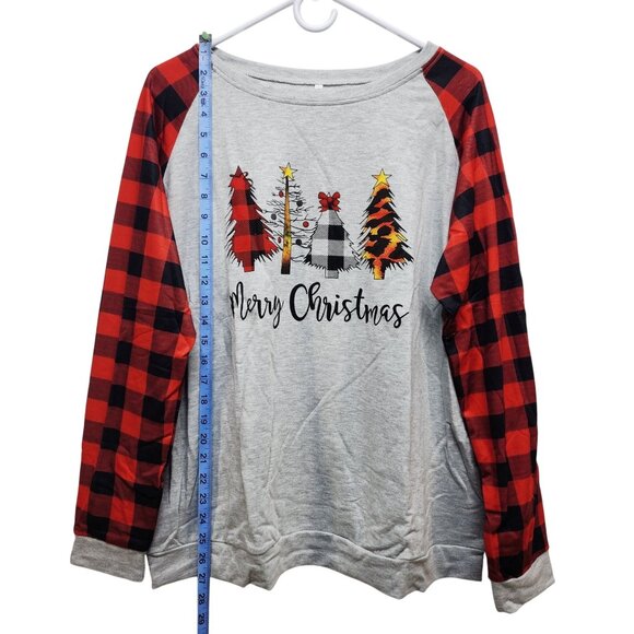 Christmas Graphic Raglan Womens Shirt Plaid Sleeves Gray/Red Size 2XL Womens Top - Picture 3 of 6